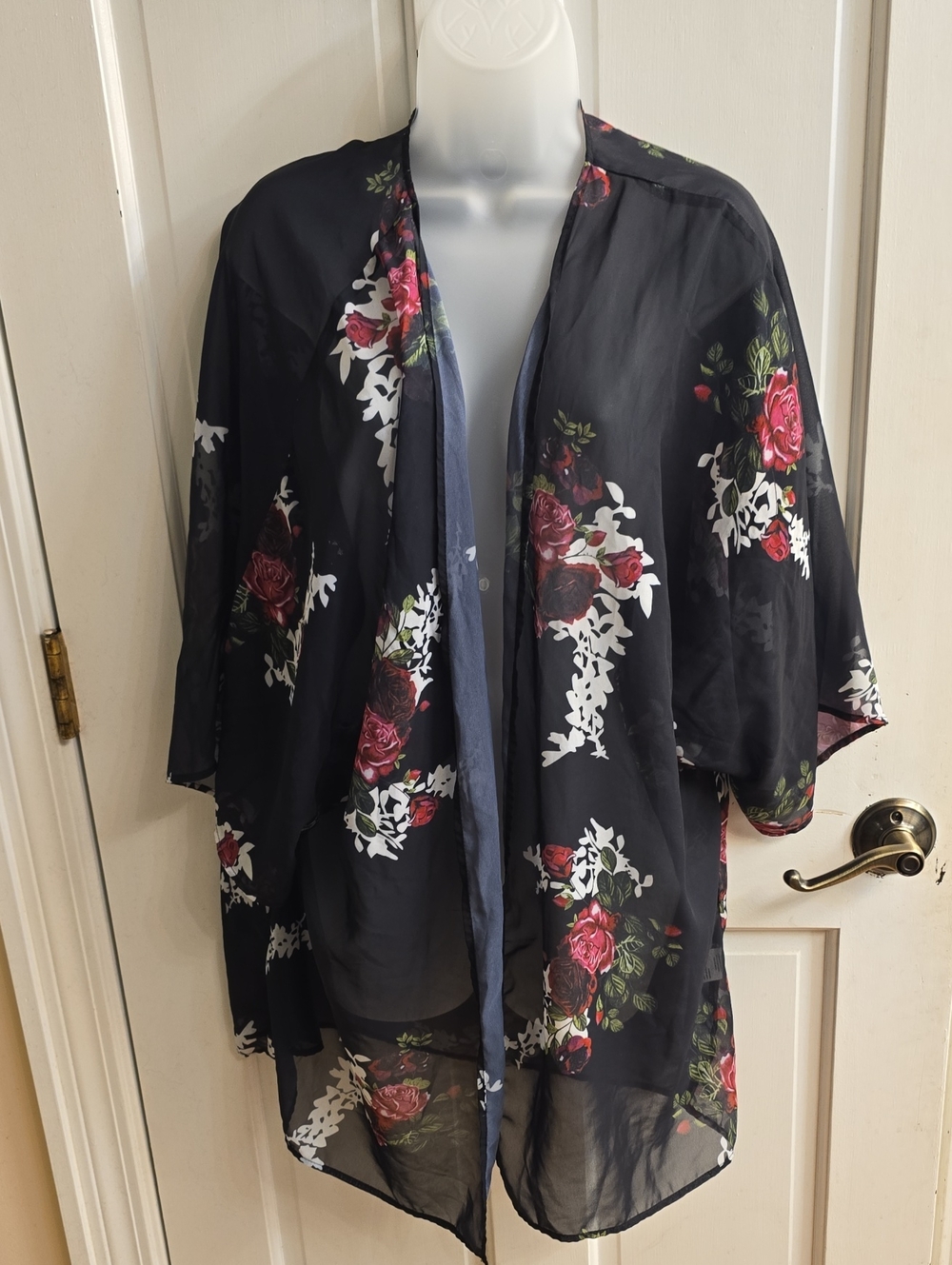 Black Floral Sheer Kimono with Rose Print